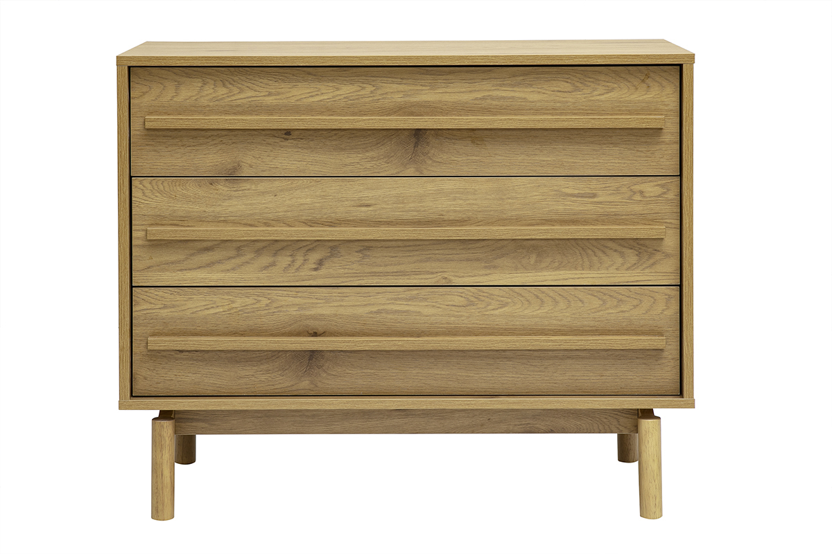 Commode en bois ch�ne clair avec 3 tiroirs, vue de face