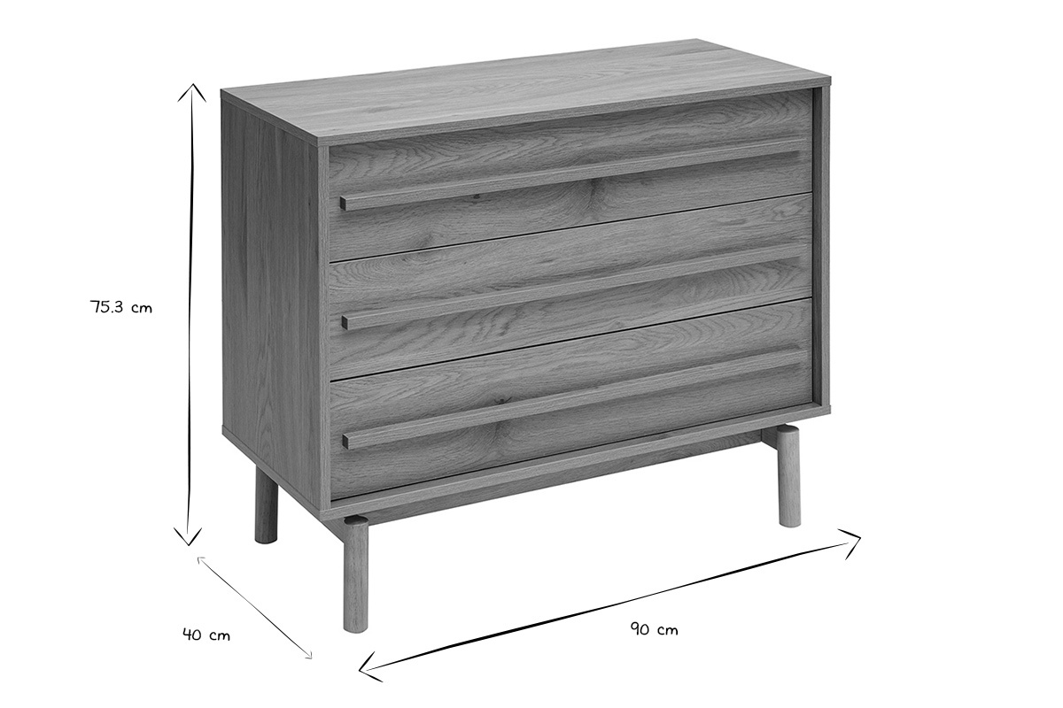 Commode finition bois ch�ne 3 tiroirs vue de 3/4 avec dimensions indiqu�es en noir et blanc.
