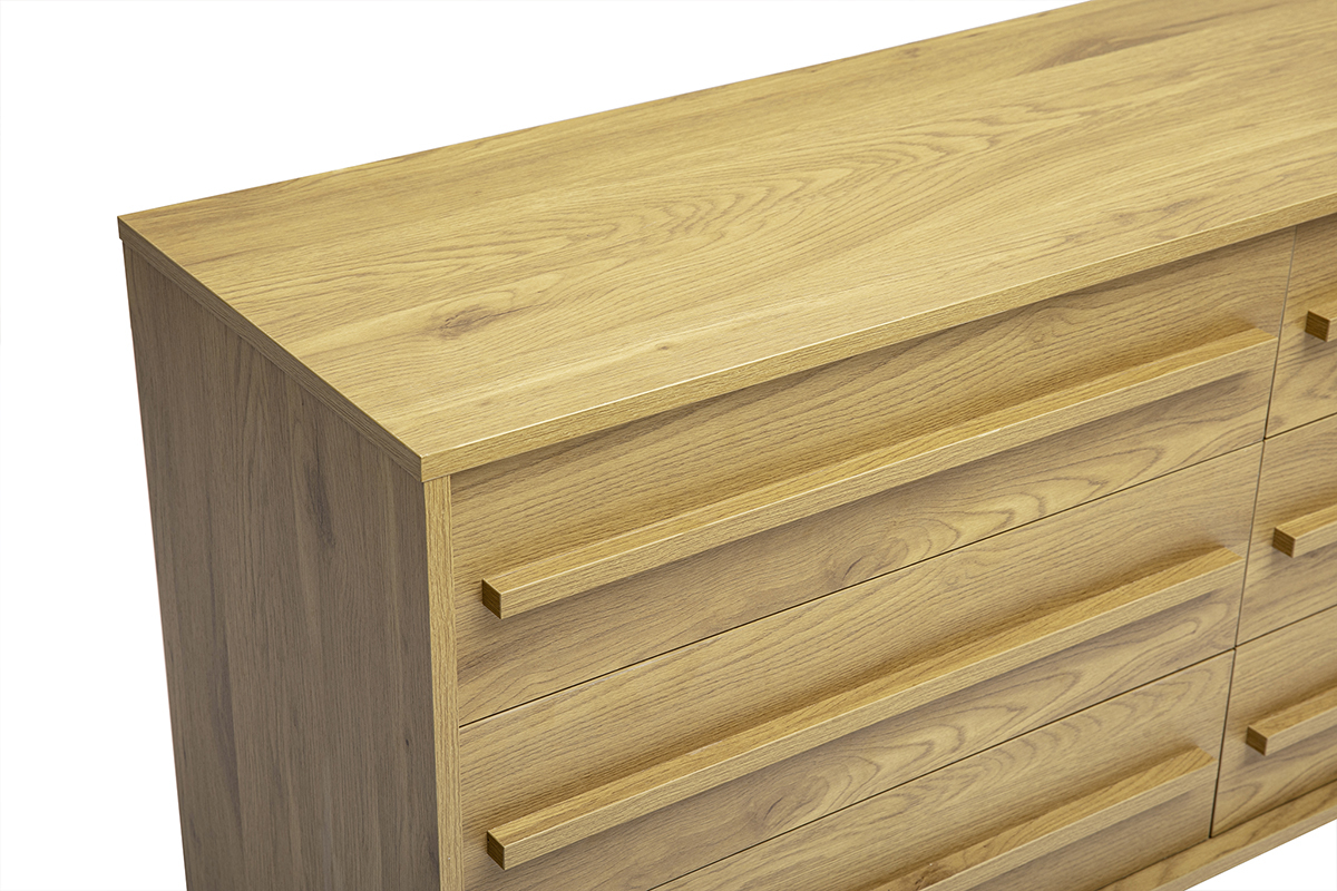 Commode YSEULT en bois ch�ne clair, vue de dessus, avec six tiroirs et finition moderne.