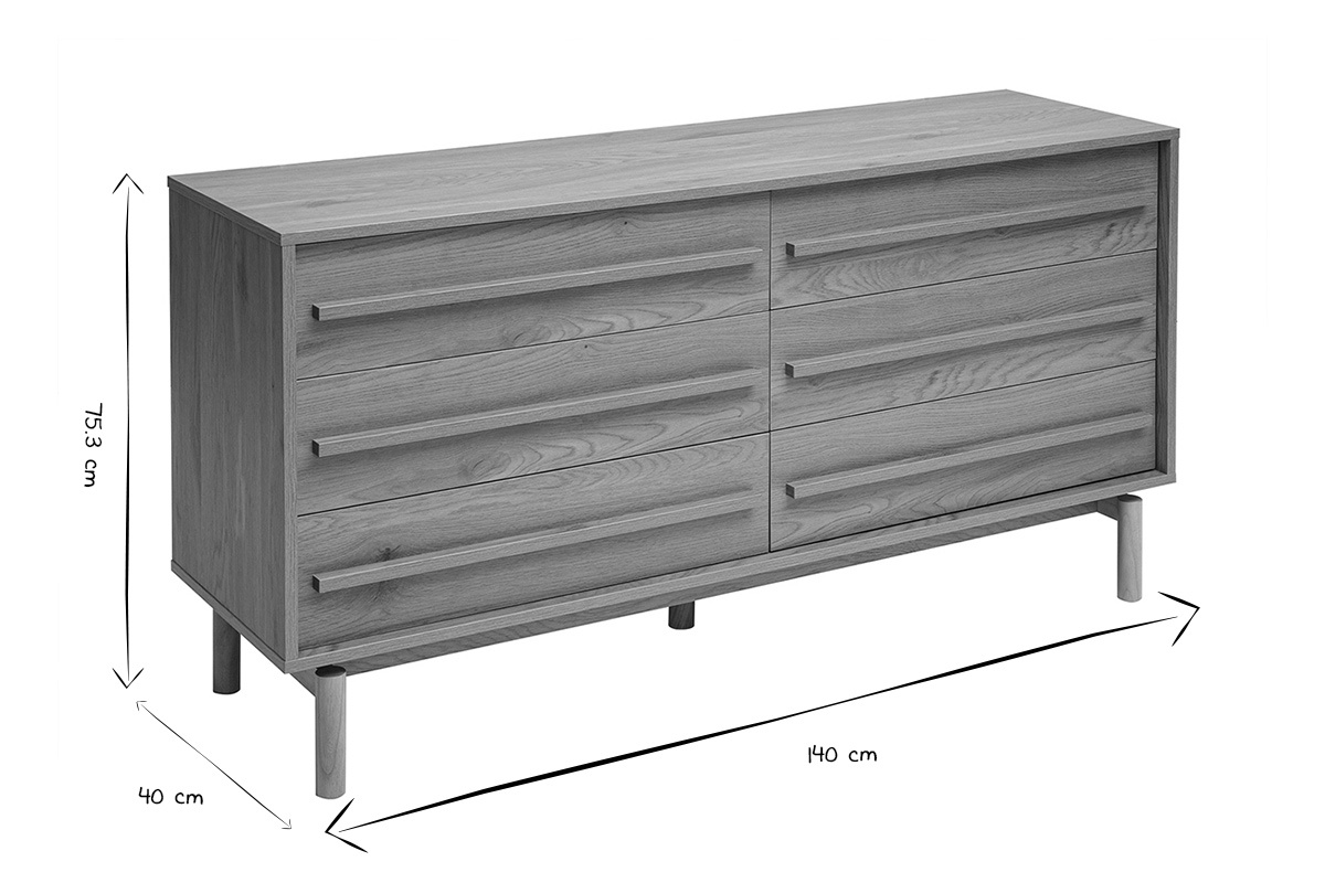 Commode finition bois ch�ne en noir et blanc, dimensions L140 x P40 x H75.3 cm.