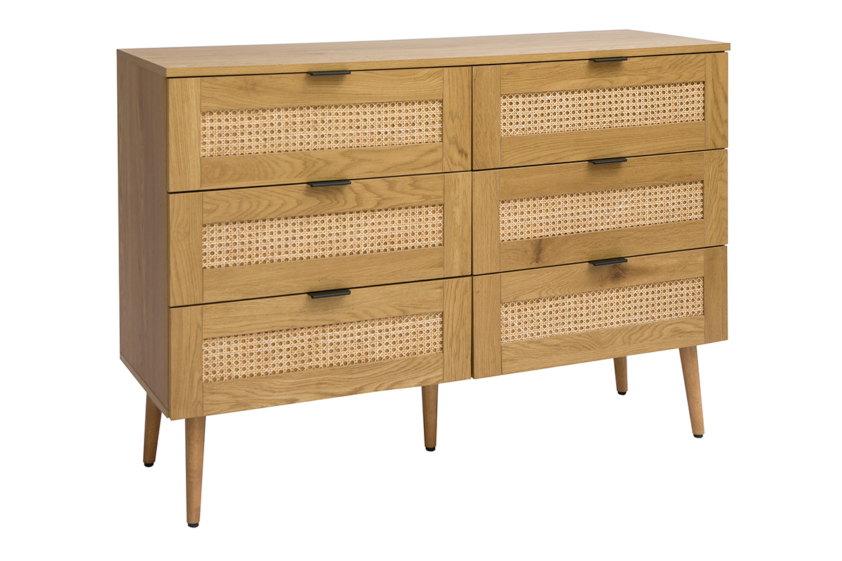 Commode finition bois clair, cannage en rotin et m�tal noir 6 tiroirs L120 cm MANILLE