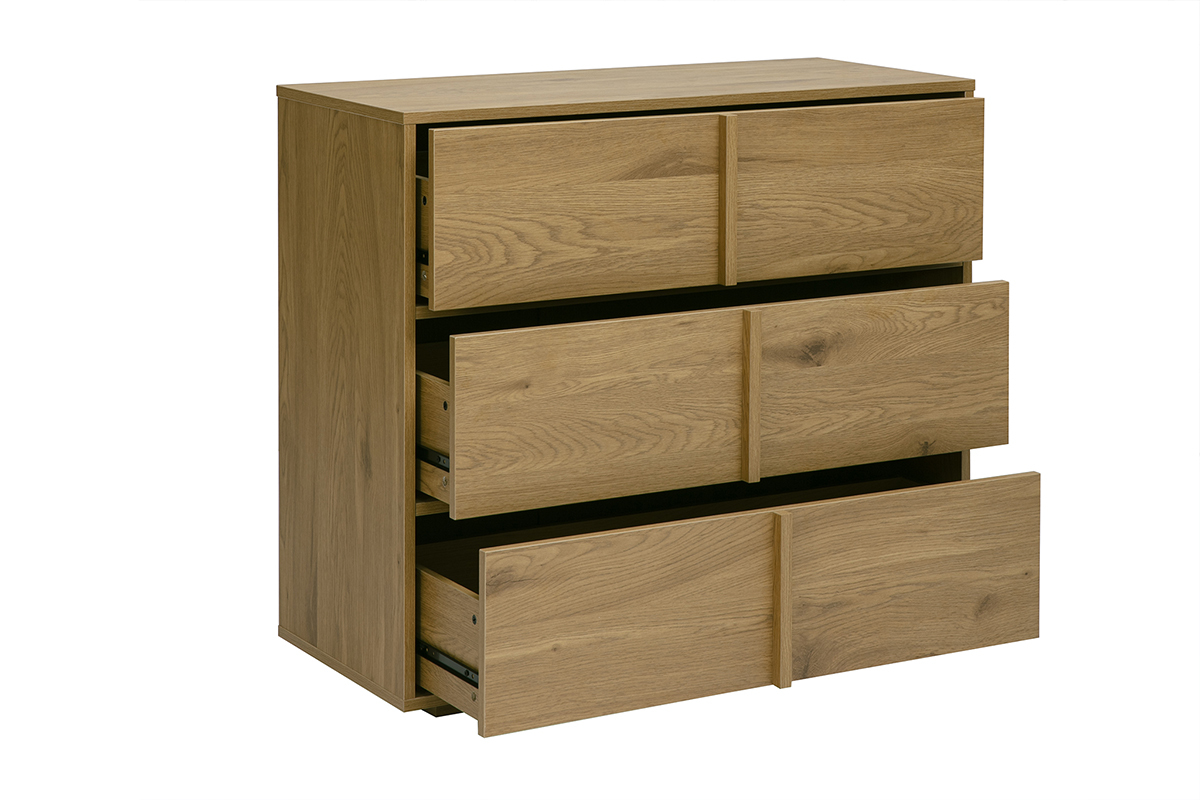 Commode bois clair ch�ne 3 tiroirs vue de 3/4, sans poign�e visible.
