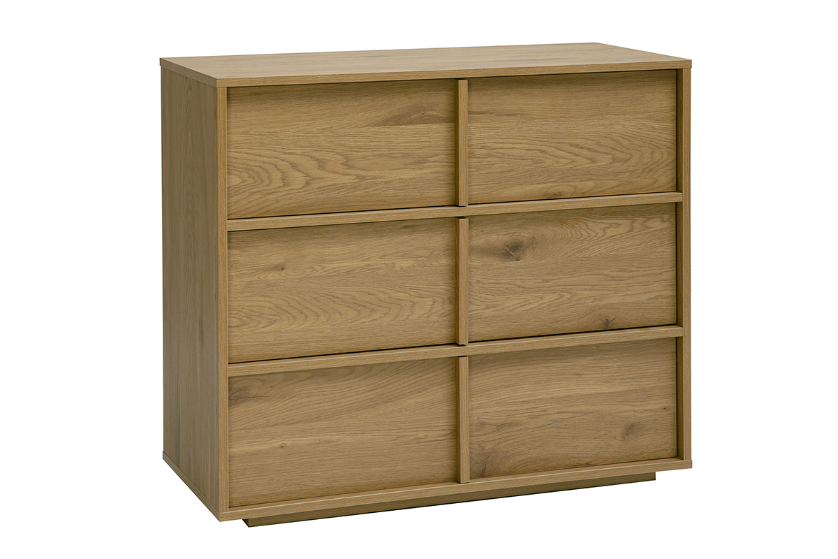 Commode en bois clair ch�ne avec 3 tiroirs, vue de face, style moderne et �pur�.