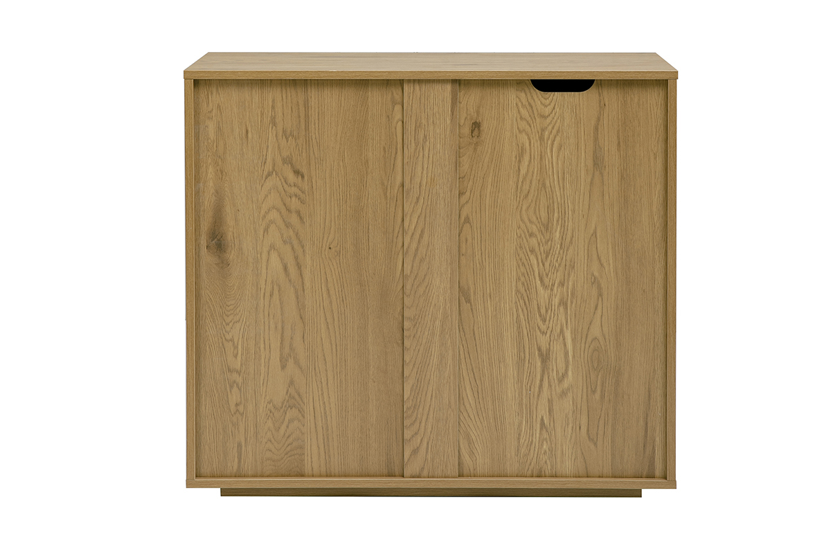Commode en bois clair ch�ne, 3 tiroirs, vue de dos, design graphique avec lignes verticales.
