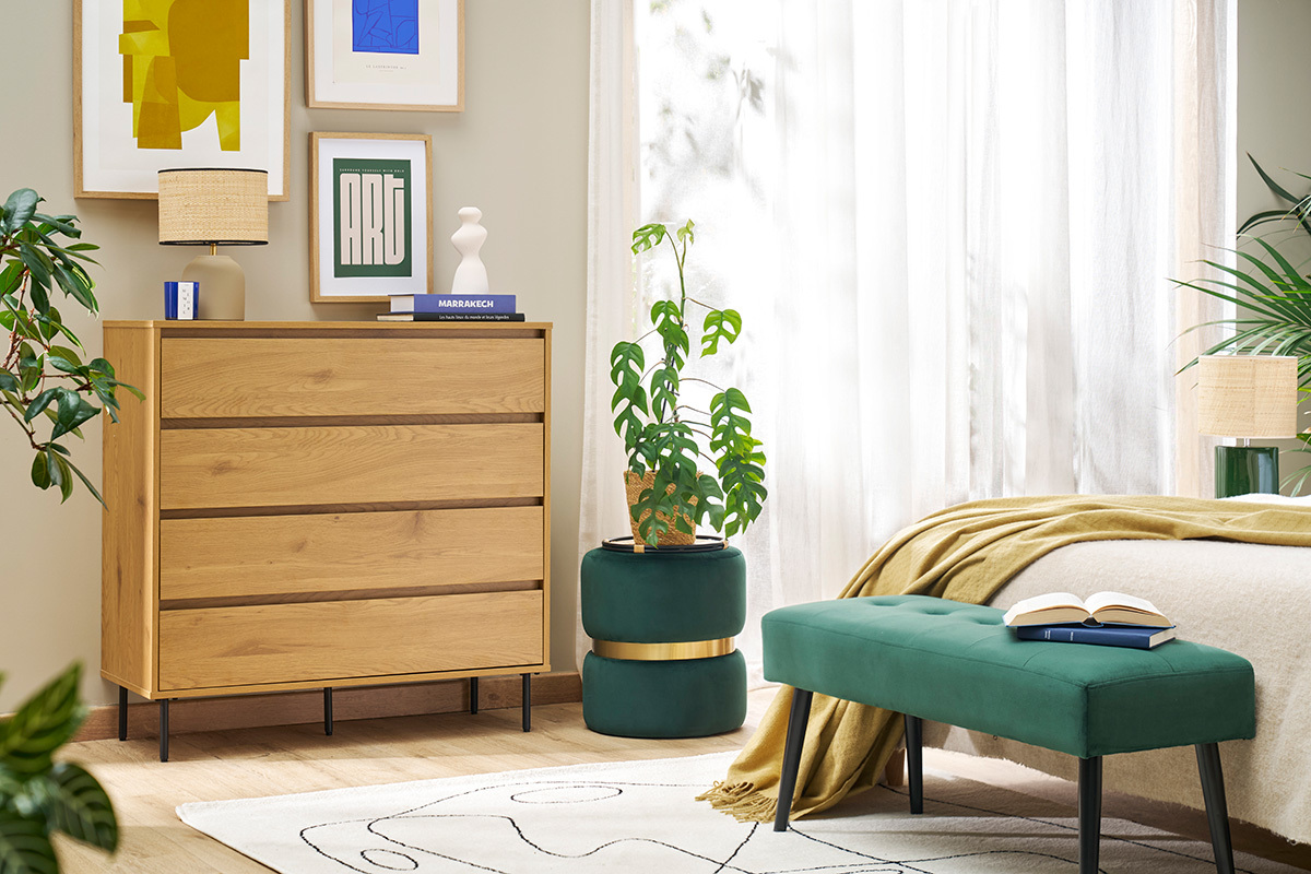 Commode finition bois clair chne 4 tiroirs L100 cm ARAGON