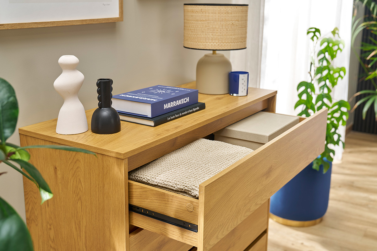 Commode finition bois clair chne 4 tiroirs L100 cm ARAGON