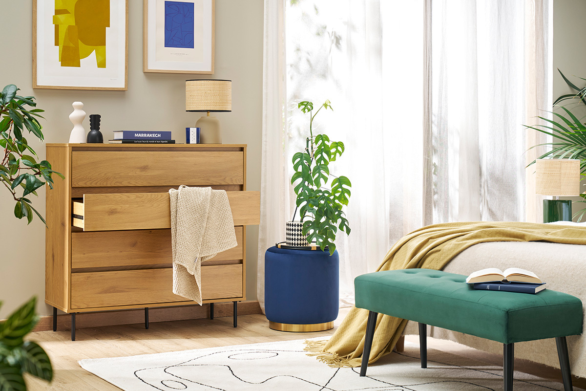 Commode finition bois clair chne 4 tiroirs L100 cm ARAGON