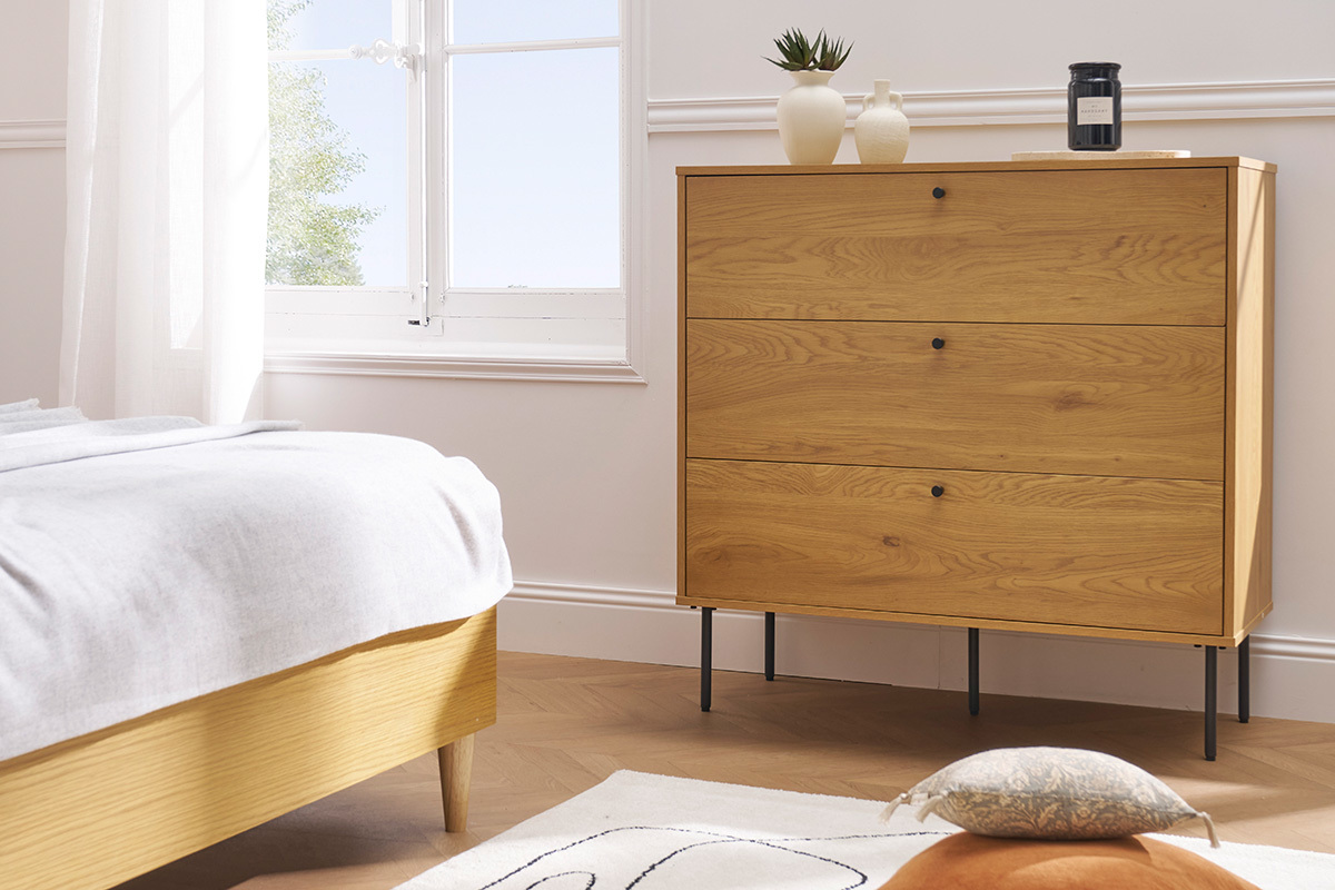 Commode finition bois clair chne et pieds mtal noir 3 tiroirs L100 cm PERNELLE