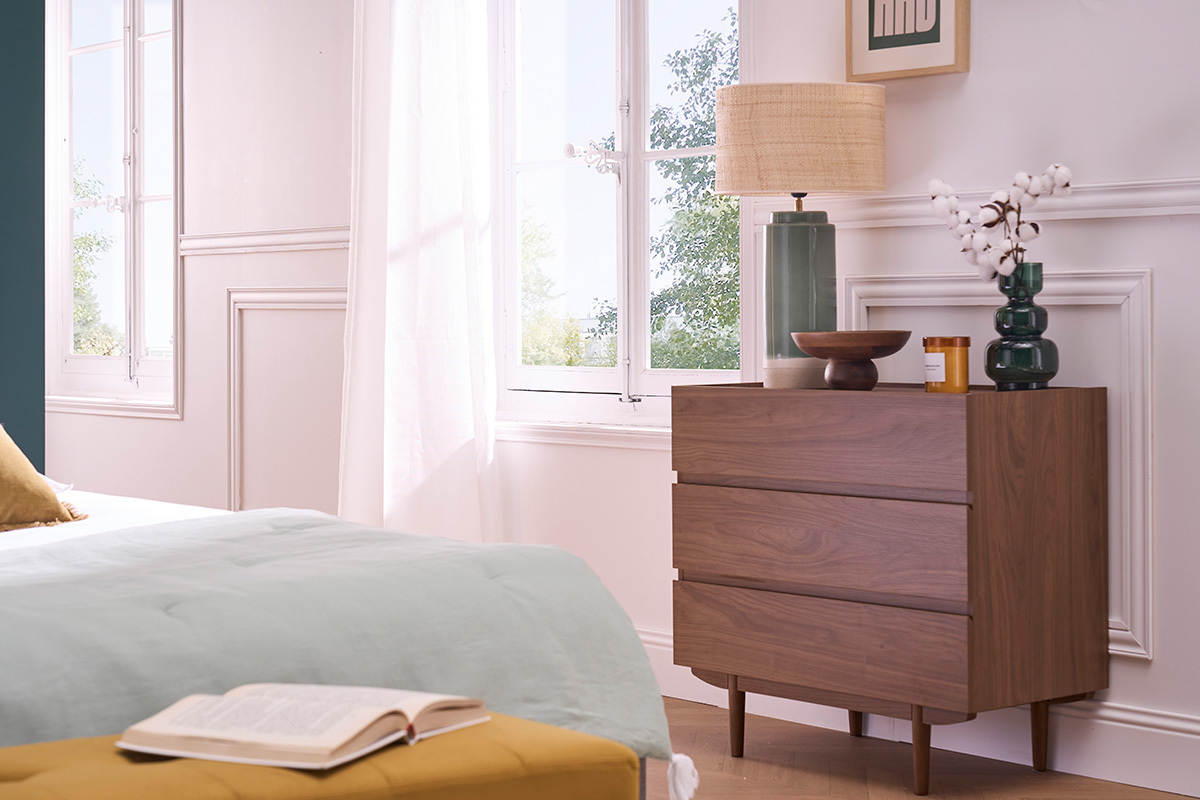 Commode finition bois fonc noyer 3 tiroirs L80 cm SANAA