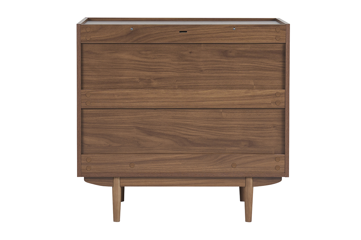 Commode en bois fonc� noyer avec 3 tiroirs, vue de dos.
