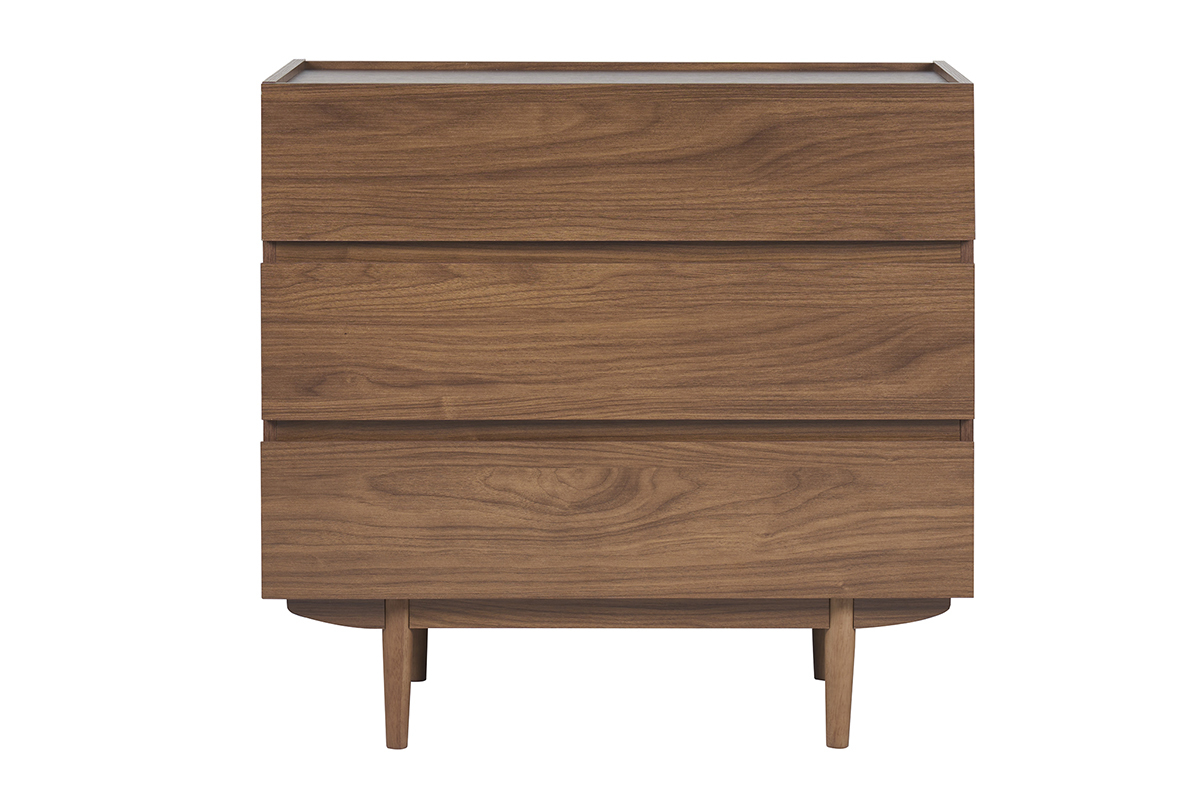 Commode en bois fonc� noyer avec 3 tiroirs, vue de face.