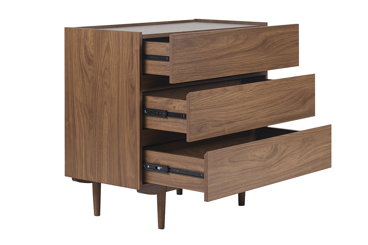 Commode bois fonc� noyer SANAA avec trois tiroirs ouverts, vue de c�t�.