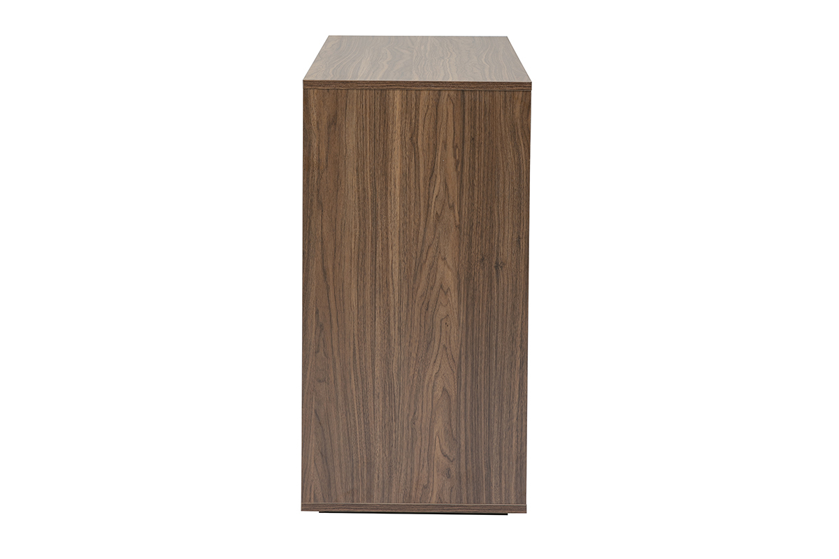Commode en bois fonc� noyer avec 3 tiroirs, vue de c�t�.