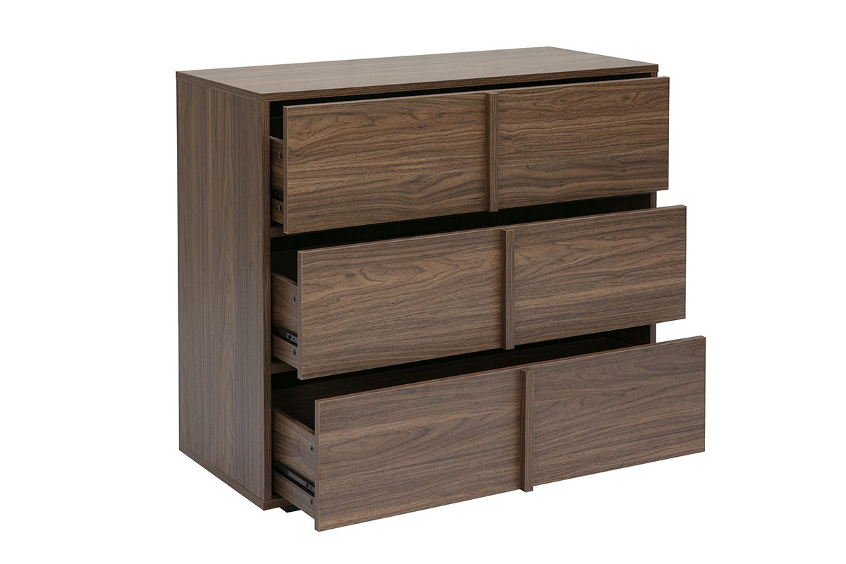 Commode finition bois fonc� noyer avec 3 tiroirs, vue de 3/4, design �pur�.