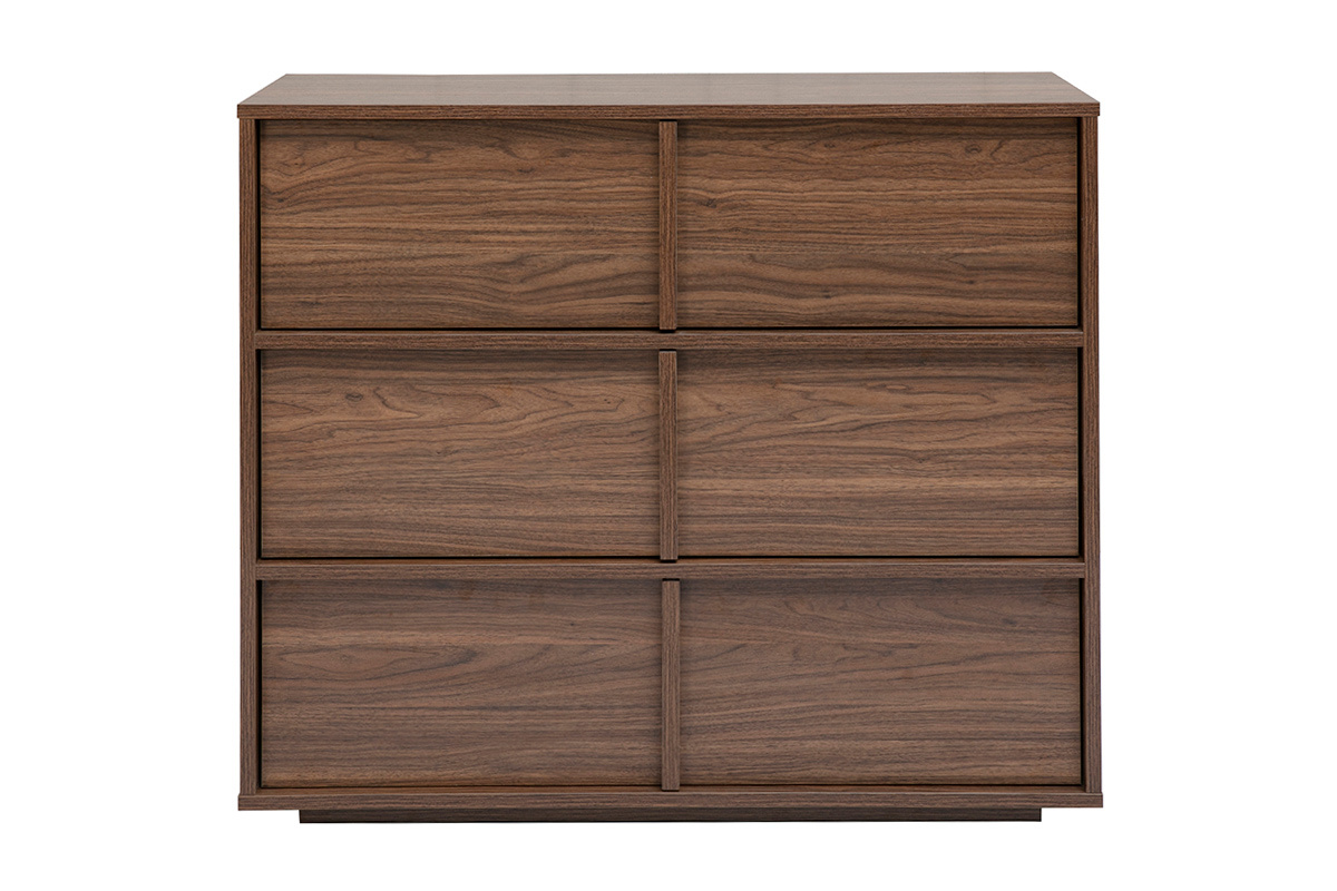Commode en bois fonc� noyer avec 3 tiroirs, vue de face.