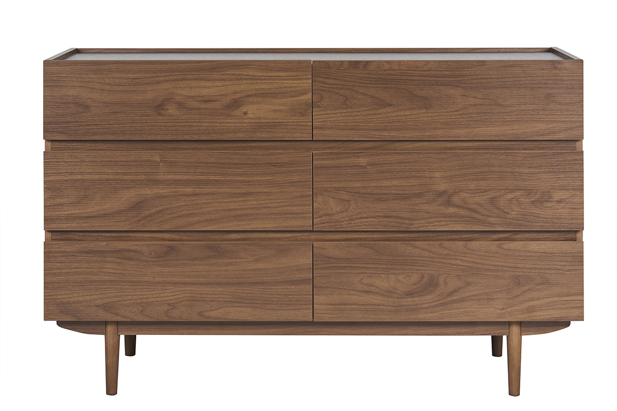 Commode en bois fonc� noyer � 6 tiroirs, vue de face, sur pieds fusel�s.