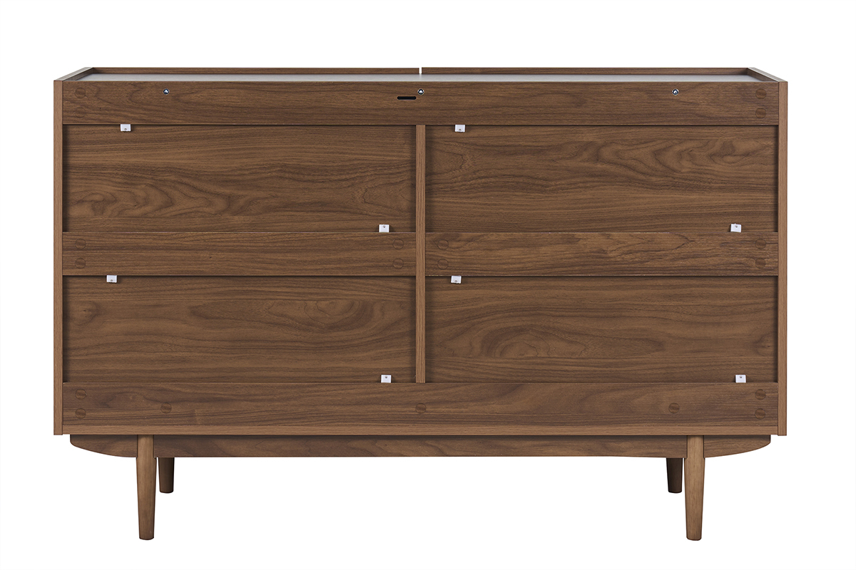 Commode bois fonc� noyer, 6 tiroirs, vue de dos, pieds fusel�s.