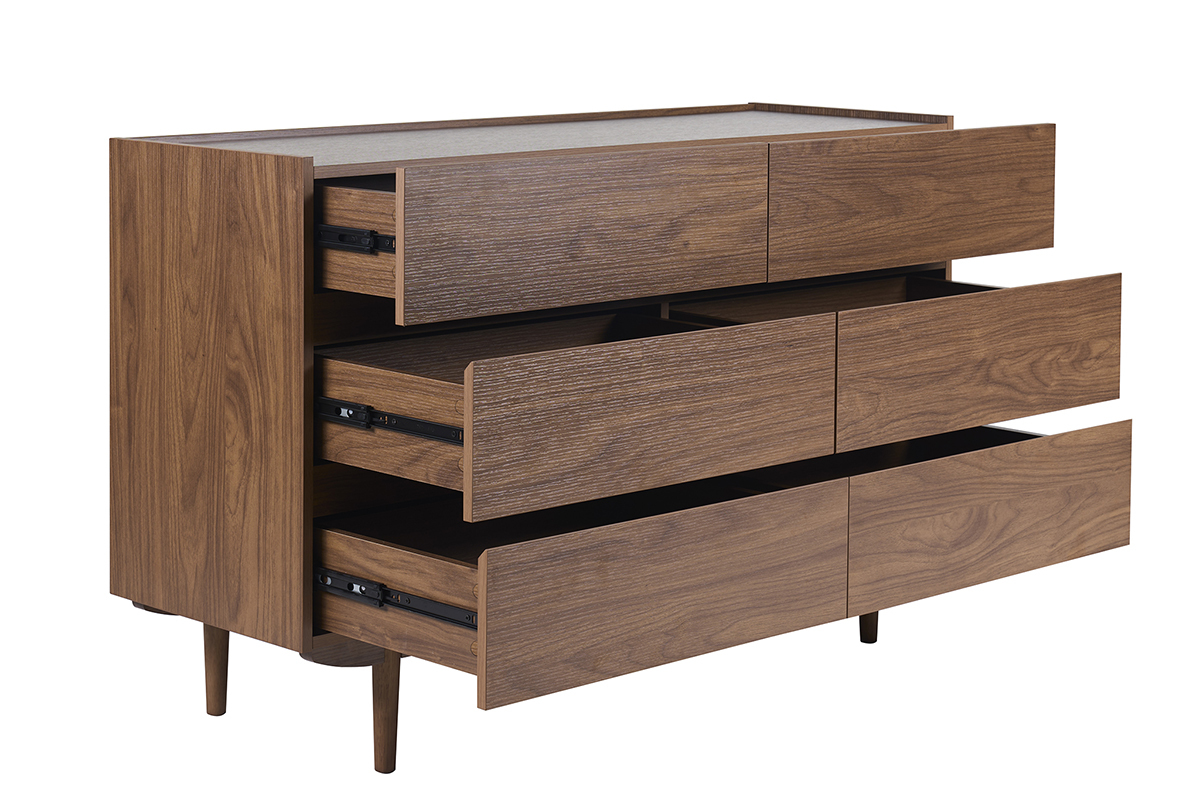 Commode en bois fonc� avec 6 tiroirs ouverts, vue de 3/4.