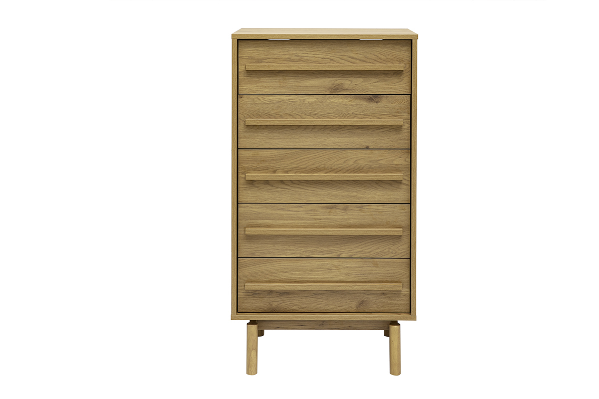 Commode haute en bois ch�ne avec 5 tiroirs, vue de face, dimensions L60 x P40 x H111.3 cm