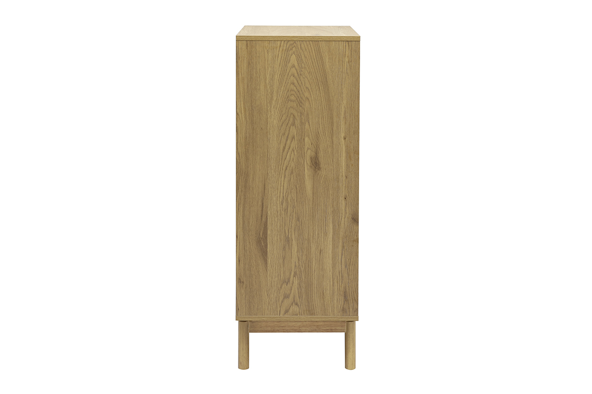 Commode haute en bois ch�ne, vue de profil, avec 5 tiroirs et pieds en bois massif.