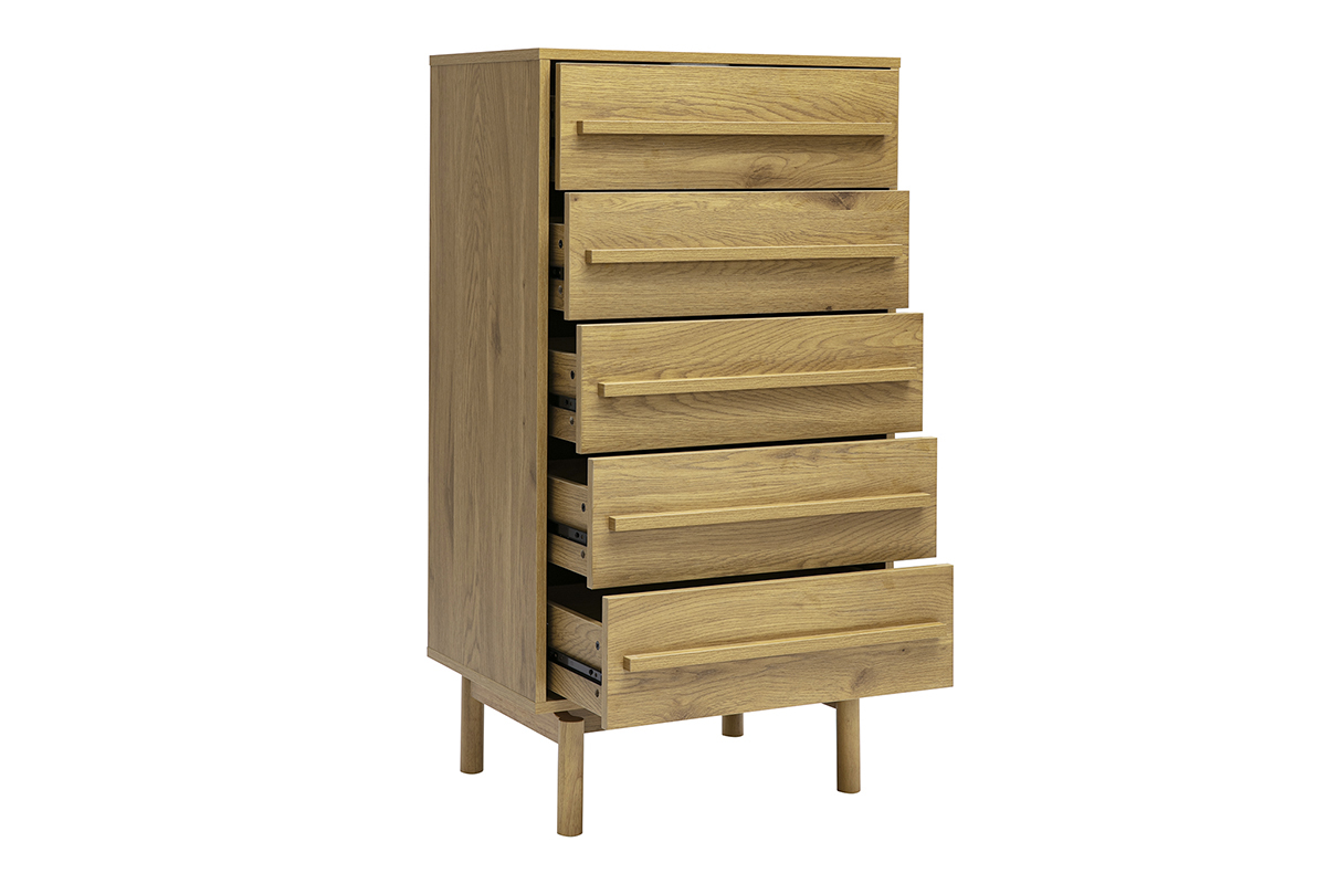 Commode haute finition bois ch�ne 5 tiroirs L60 cm YSEULT