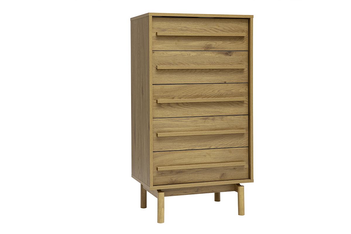 Commode haute en bois ch�ne 5 tiroirs vue de 3/4, style scandinave, dimensions L60 x P40 x H111.3 cm