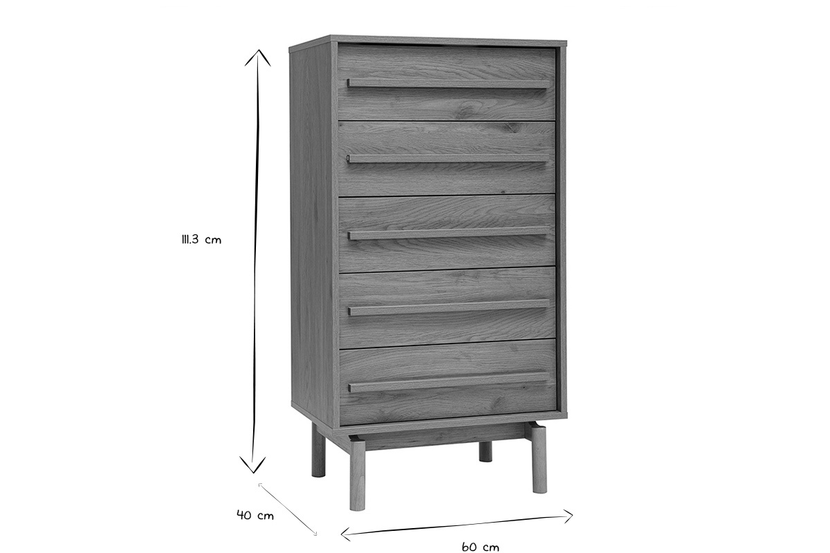 Dimensions de la commode haute YSEULT en noir et blanc : H111.3 cm, L60 cm, P40 cm.