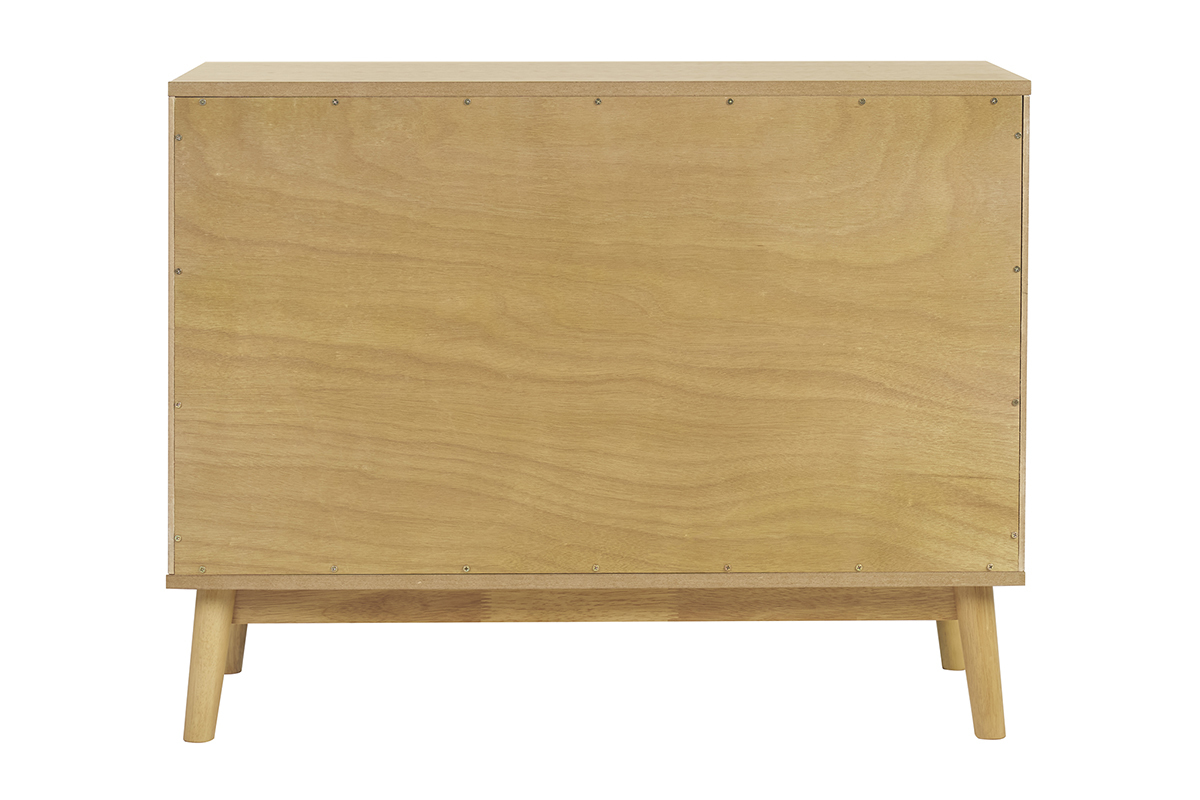 Vue arrire de la commode scandinave en bois clair chne avec pieds compas en hva.