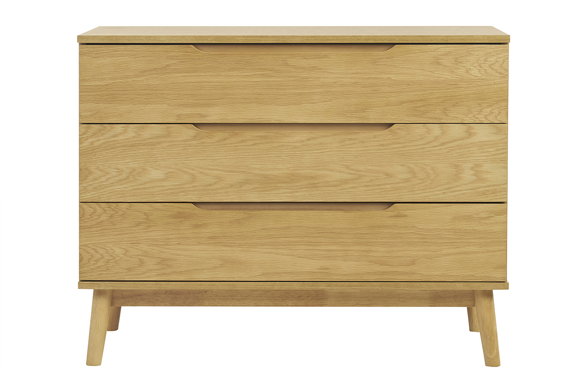 Commode scandinave bois clair chne 3 tiroirs FELIX, vue de face avec poignes creuses.