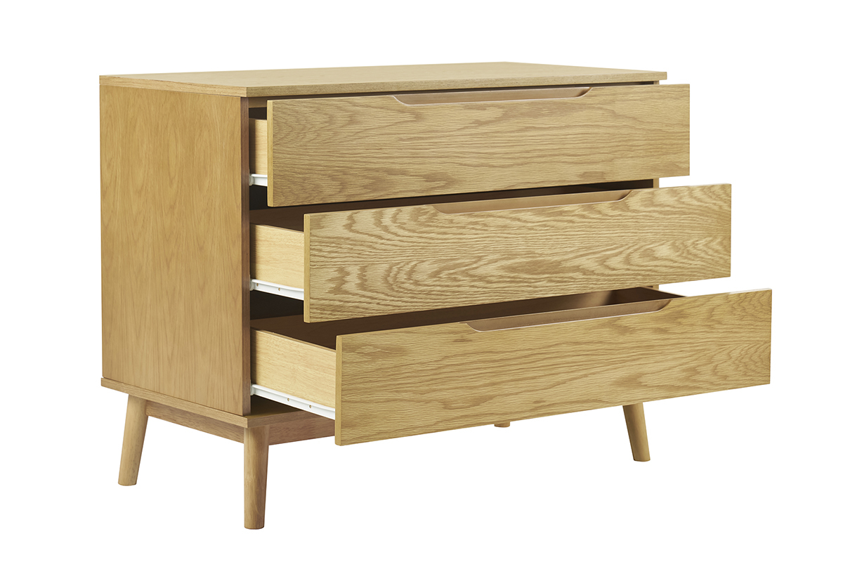 Commode scandinave en bois clair, 3 tiroirs ouverts, vue de ct.