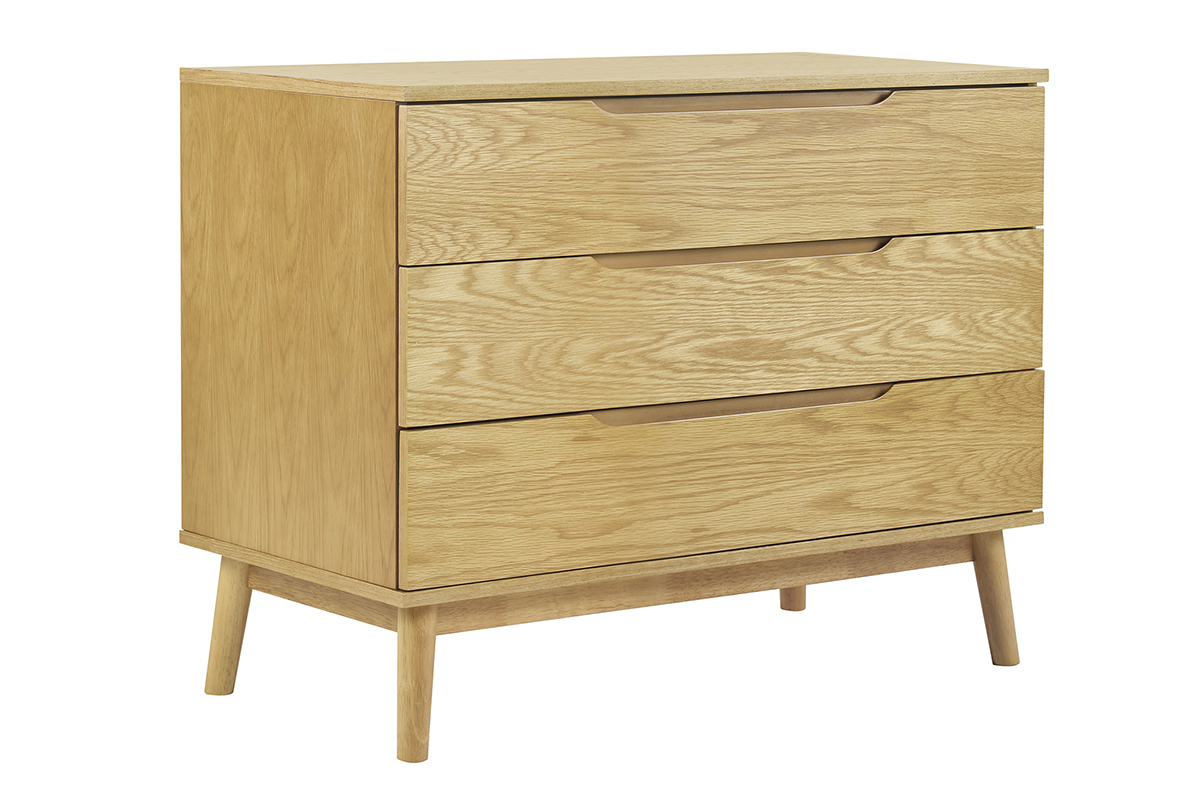 Commode scandinave en chne clair 3 tiroirs vue de trois quarts.