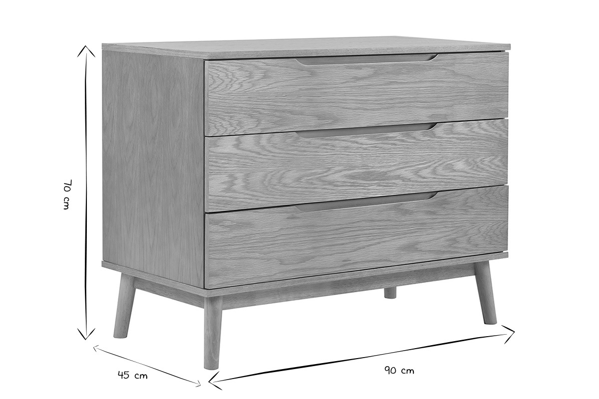 Commode scandinave en bois clair, 3 tiroirs, vue de profil, dimensions 90x45x70 cm en noir et blanc.