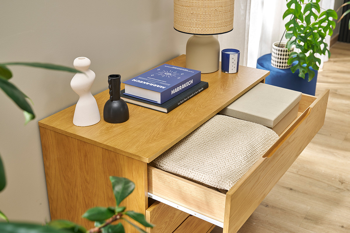 Commode scandinave bois clair chne 3 tiroirs L90 cm FELIX