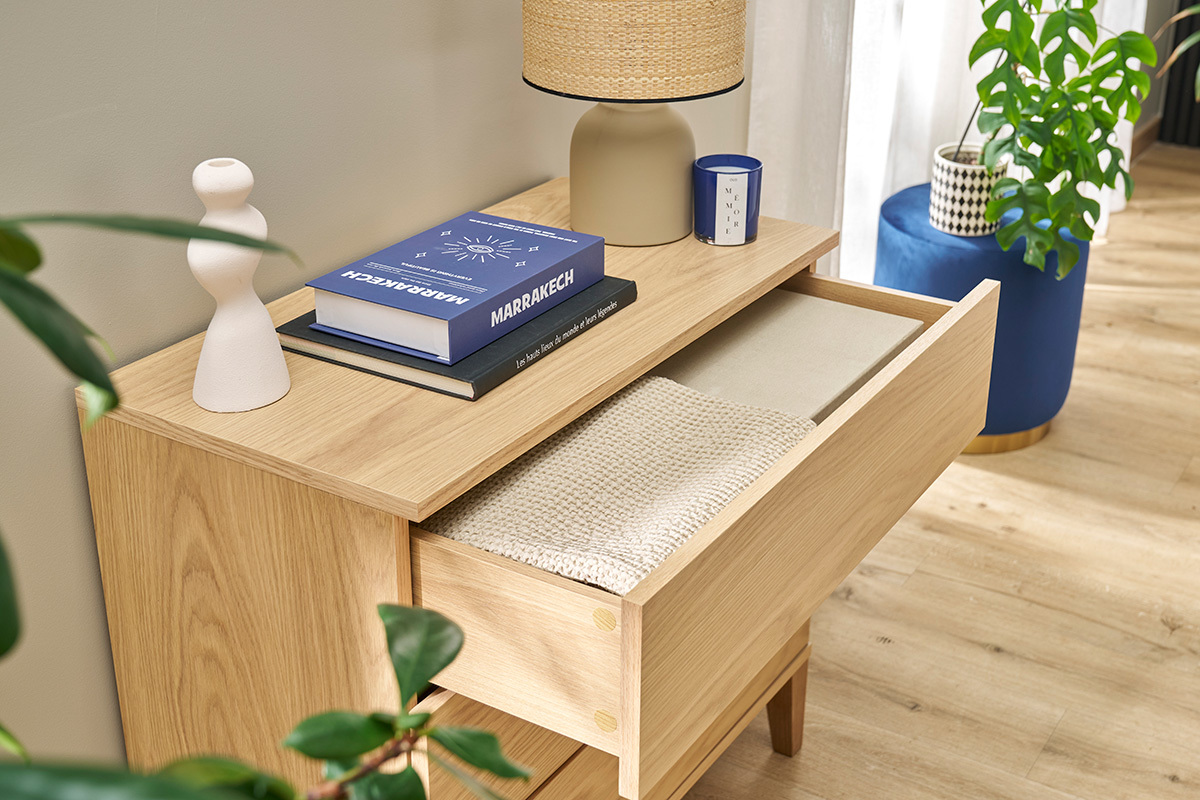 Commode scandinave en bois clair chne 3 tiroirs L80 cm FREDDY