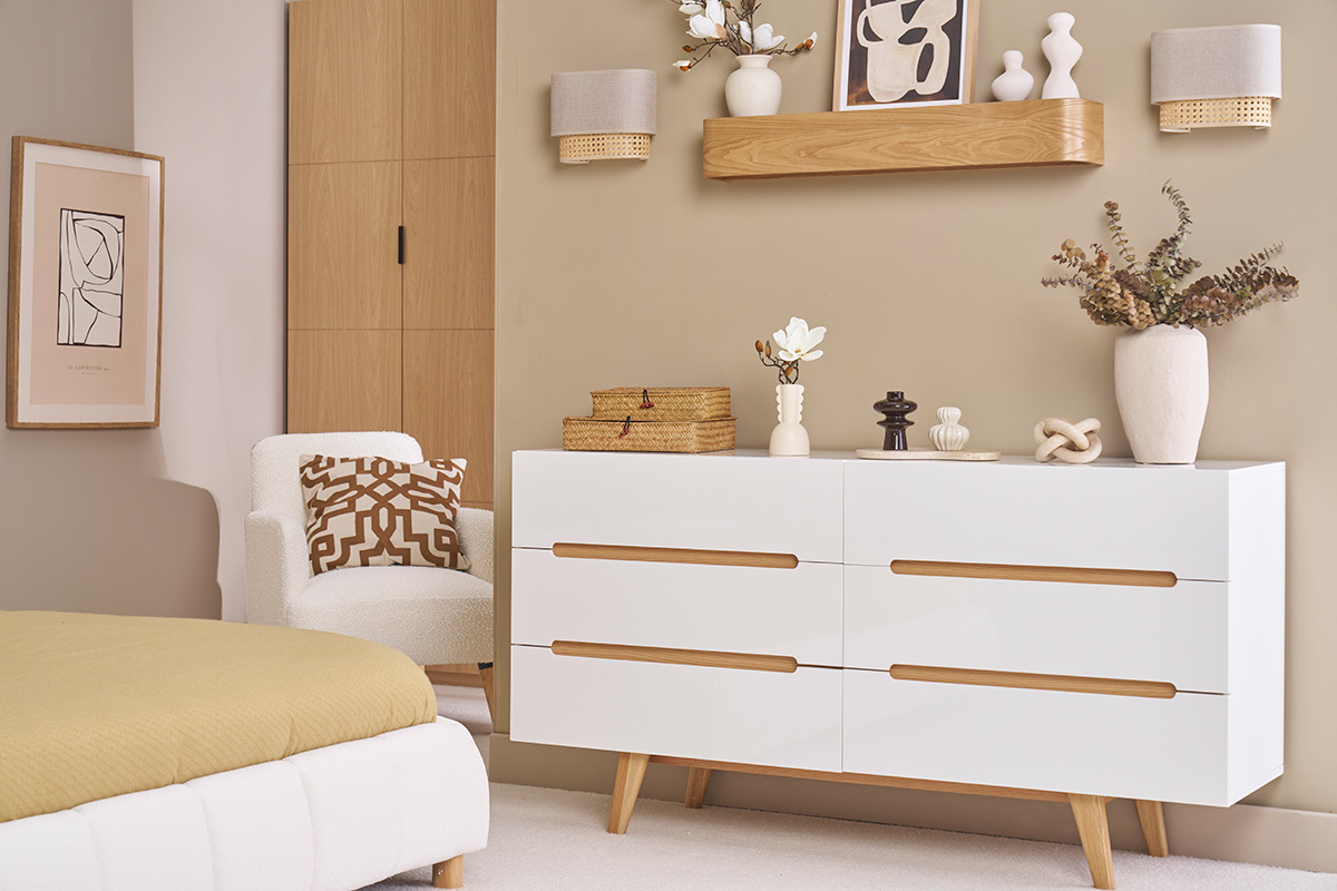 Commode scandinave finition blanc laqu� brillant 6 tiroirs L160 cm MELKA