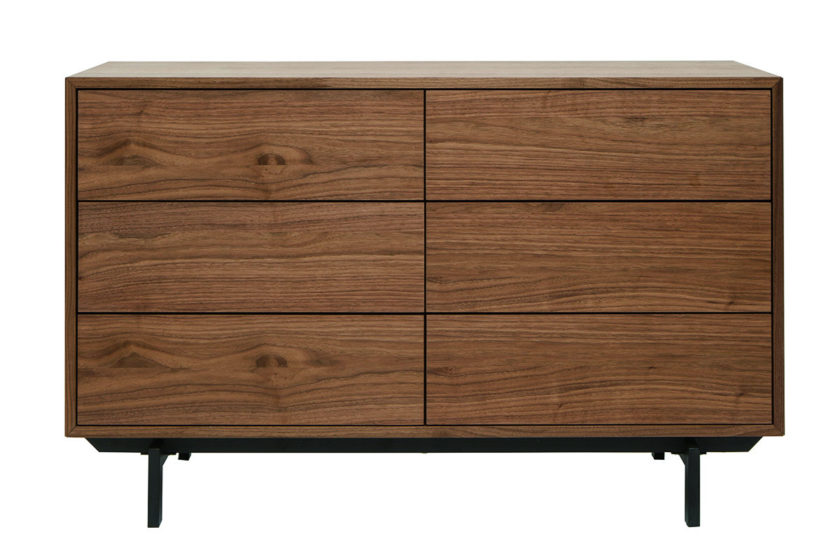Commode vintage en bois fonc noyer avec pieds en mtal noir, vue de face, 6 tiroirs.