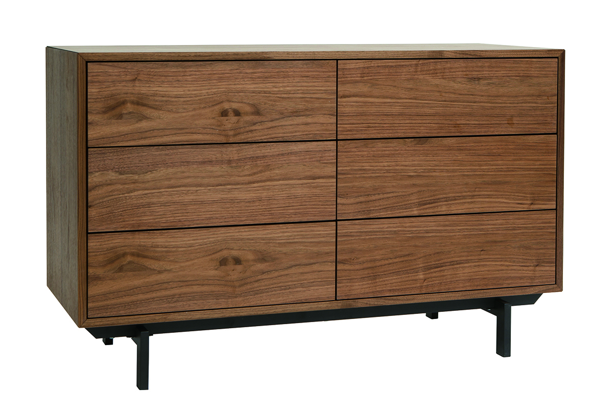 Commode vintage bois fonc et mtal noir, six tiroirs, vue de trois-quarts, design MANNY.