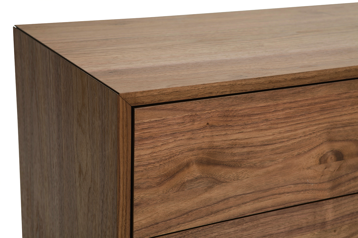 Commode en bois fonc noyer, dtail angle, 6 tiroirs, mtal noir, modle MANNY 120 cm.