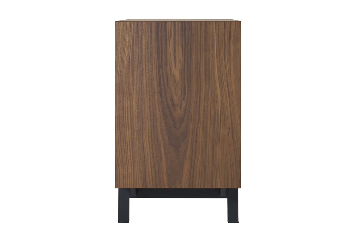 Commode vintage en bois fonc noyer, vue de ct, pieds en mtal noir.