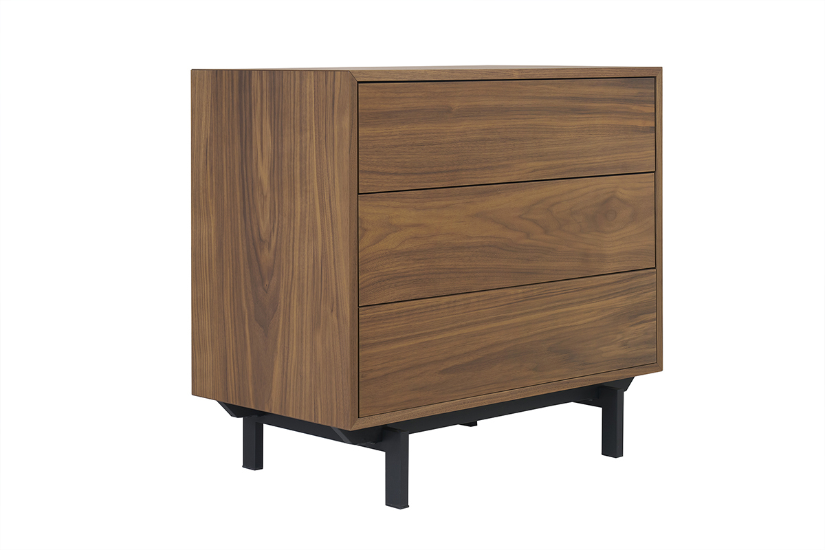 Commode en bois fonc et mtal noir, 3 tiroirs, vue de 3/4.