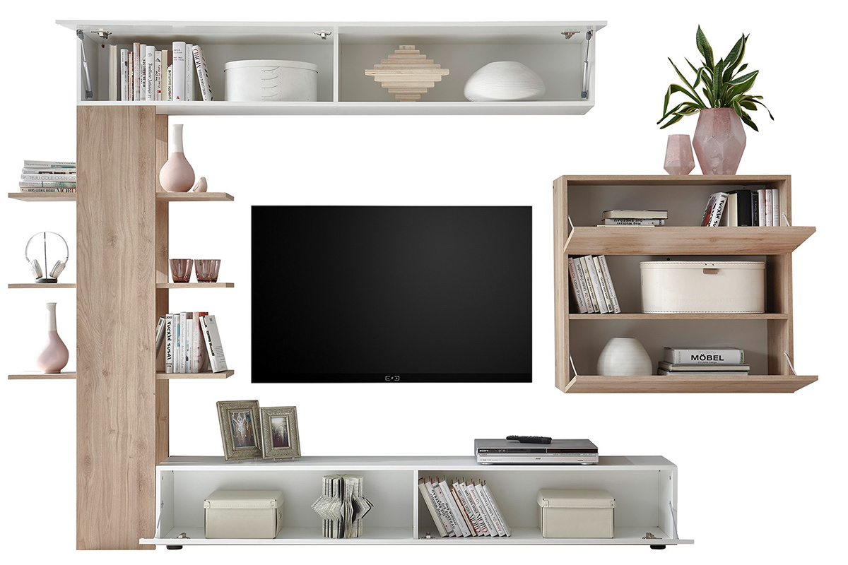 Composition TV murale bois clair et blanc L184 cm ETERNEL