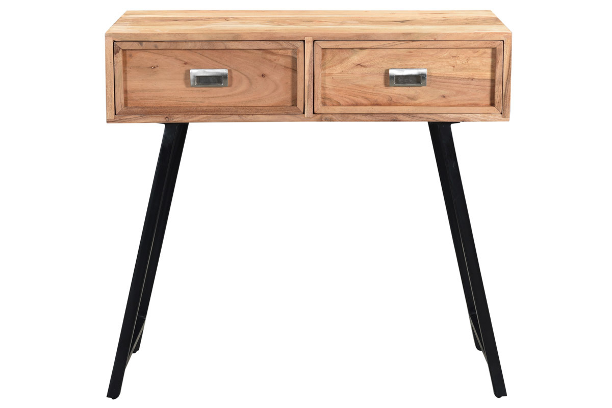 Console 2 tiroirs en acacia massif et m�tal noir L81 cm EDITION