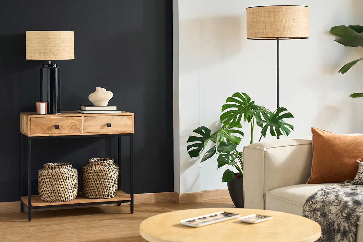 Console avec rangements 2 tiroirs en bois massif et mtal noir L80 cm AXELLE