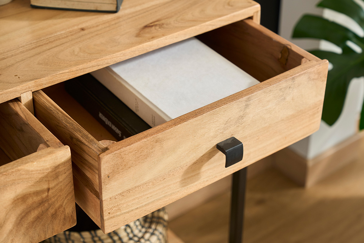 Console avec rangements 2 tiroirs en bois massif et mtal noir L80 cm AXELLE