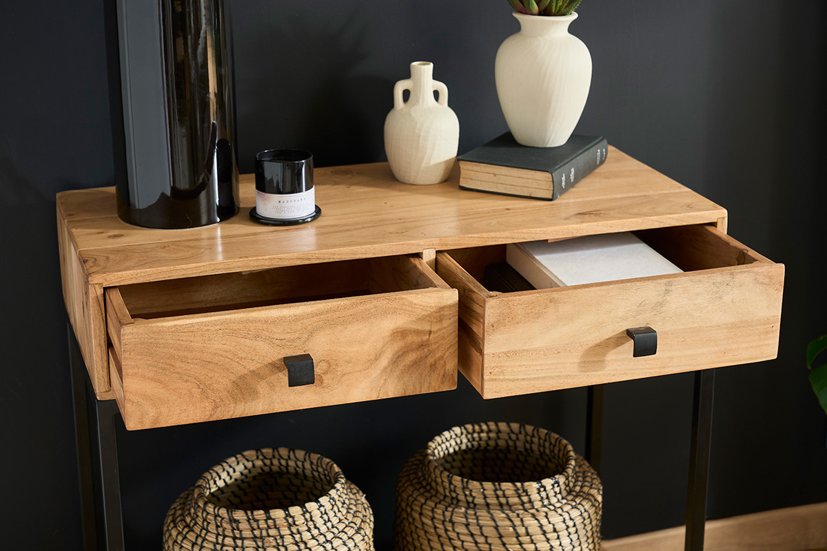 Console avec rangements 2 tiroirs en bois massif et mtal noir L80 cm AXELLE