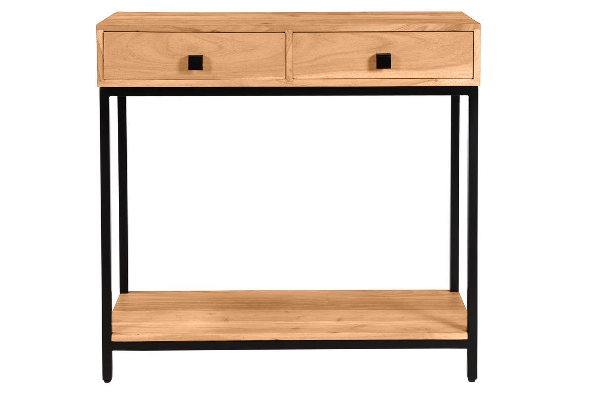 Console avec rangements 2 tiroirs en bois massif et mtal noir L80 cm AXELLE