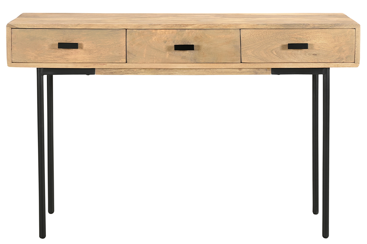 Console avec rangements 3 tiroirs en bois manguier massif et m�tal noir L120 cm JUDE