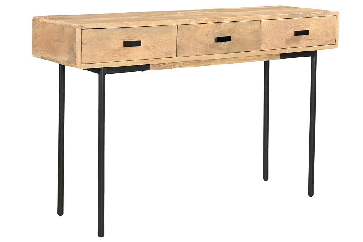 Console avec rangements 3 tiroirs en bois manguier massif et m�tal noir L120 cm JUDE