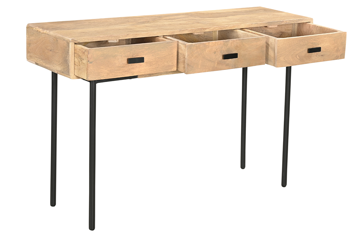 Console avec rangements 3 tiroirs en bois manguier massif et m�tal noir L120 cm JUDE