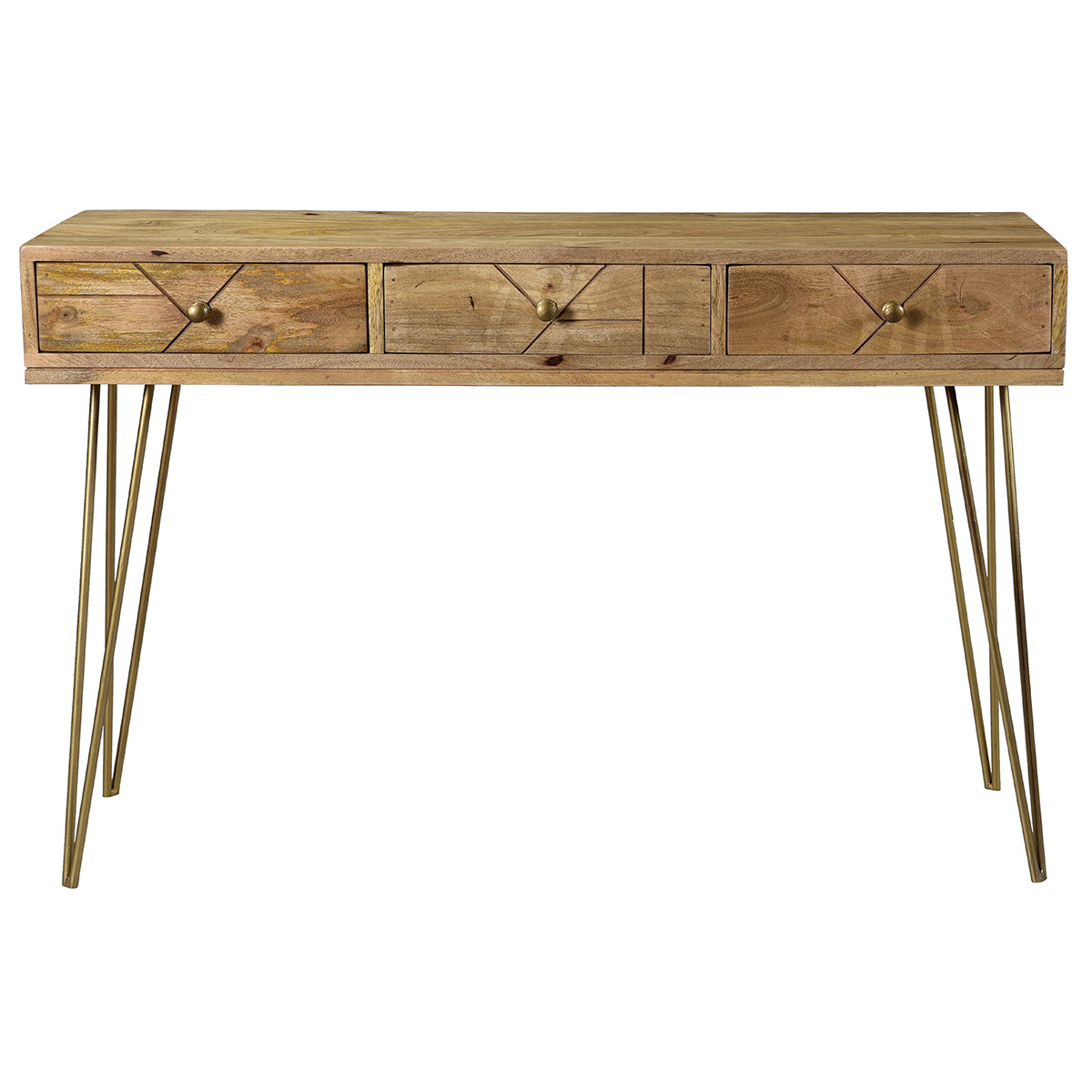Console avec rangements 3 tiroirs en bois manguier massif gravé et métal doré L120 cm LINIUM Console avec rangements 3 tiroirs en bois manguier massif gravé et métal doré L120 cm LINIUM